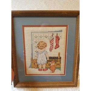 Needlepoint Framed Girl Puppy Fireplace
